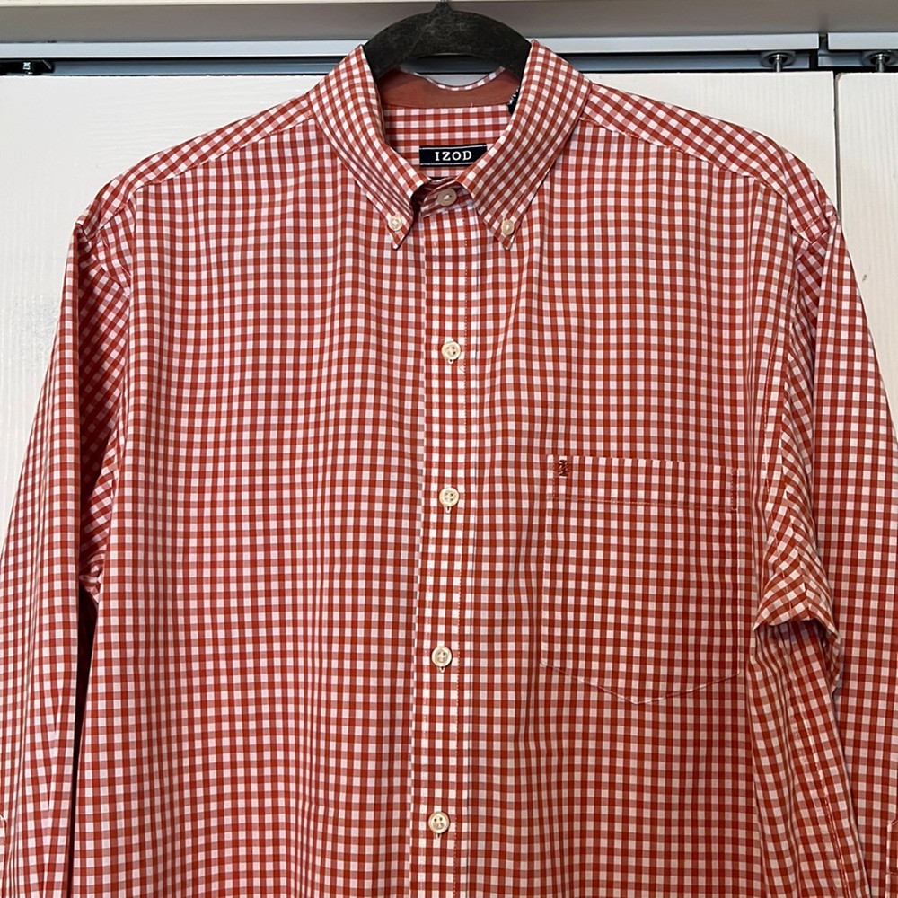 Izod mens Premium Essentials orange check button down shirt